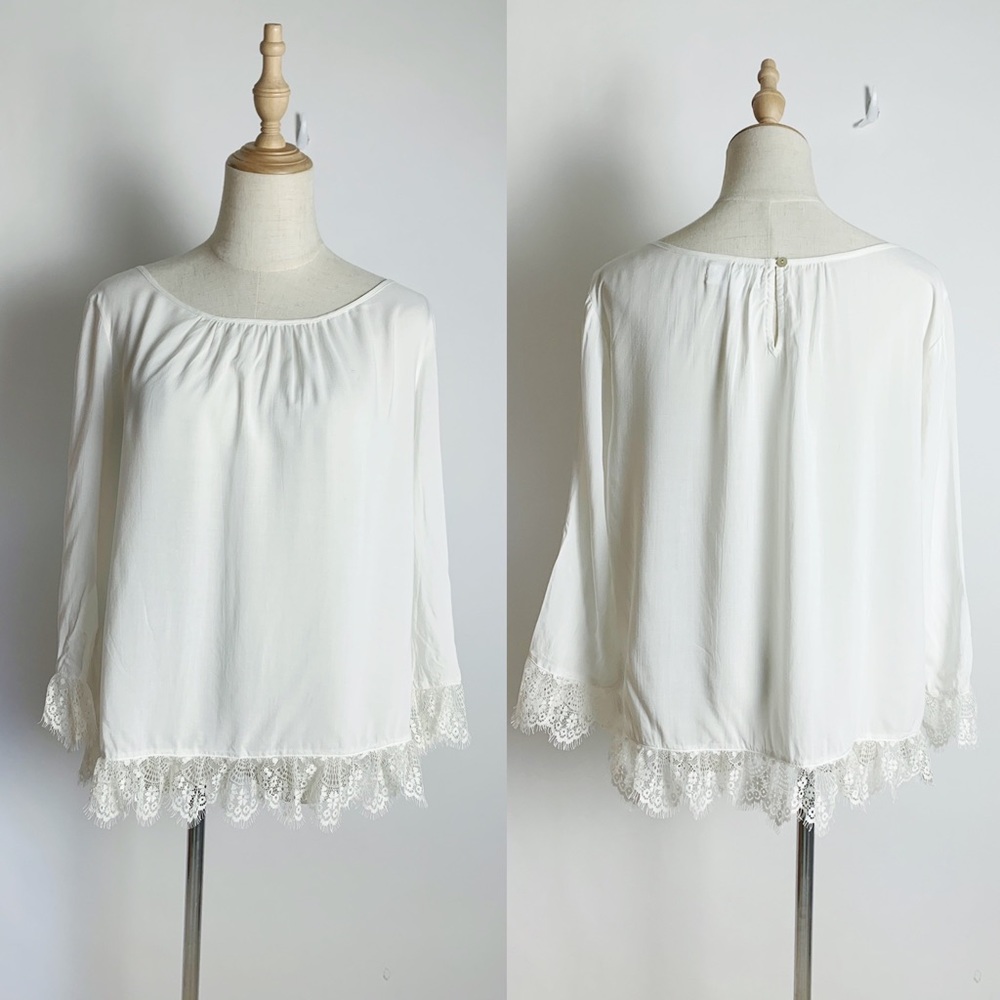 VELVET G&S Lightweight White Lace Trim Blouse M